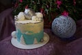 Beautiful delicious cake decorated for New Year and Christmas themes.