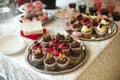Beautiful delicious cakes. confectionery curry at a festive party. many sweet muffins on a tray Royalty Free Stock Photo