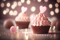 Beautiful and delicious festive cupcake against blurred lights background.