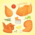 Beautiful delicious fried chicken set of illustrations in cartoon style. Fresh fast food fry meat.