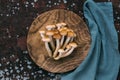 Beautiful delicious mushrooms in a wooden plate with blue napkin. Armillaria mellea, honey fungus or honey agarics. Beautiful Royalty Free Stock Photo