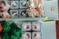 Beautiful delicious sushi. Sushi delivery. Advertising sushi rolls made of fish and cheese.