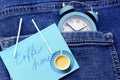 Beautiful denim pocket with espress coffee picture and clock like Coffee time concept Royalty Free Stock Photo