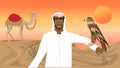 A beautiful desert of golden sand. The hot sun paints the sky in the fiery colours of sunset. An Arabian man holds an eagle on his Royalty Free Stock Photo