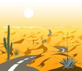 Beautiful desert landscape with asphalt road and cactus. Cartoon vector illustration. Royalty Free Stock Photo