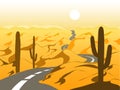 Beautiful desert landscape with asphalt road and cactus. Cartoon vector illustration. Royalty Free Stock Photo