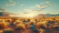 Beautiful desert landscape during golden hour sunset and dramatic clouds Background AI generated Royalty Free Stock Photo