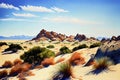 Beautiful desert landscape, a sweeping vista of sand dunes and rocky outcroppings, with a clear blue sky above, ai illustration Royalty Free Stock Photo