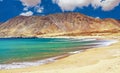 Beautiful deserted lonely pacific ocean bay, empty sand beach, turquoise water, barren arid desert mountains - North Chile, Royalty Free Stock Photo