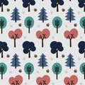 Colored decorative silhouettes of trees on a grey background.