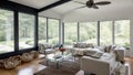 Wide-Angle Shot of Modern House Sunroom Living Area with Mid-Century Minimalistic Interior Design and Open Concept Layout . Royalty Free Stock Photo