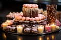 Beautiful dessert buffet, chocolate fountain, donuts, candy. AI Generated
