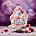 Beautiful dessert. Two tier cake. Colored cake with raspberries and icing with ice cream balls and cotton candy on top. Royalty Free Stock Photo