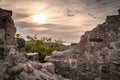 Beautiful detail close up view on cliff and castle fortress rocks on crni kal hill with direct sunlight, slovenia