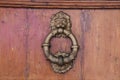 A beautiful detail of a metal ornament, a metal ring on a wooden door