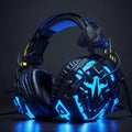 Gaming headphones and neon lighting. Neural network AI generated