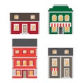 Beautiful detailed cartoon cityscape collection with townhouses. Small town street with victorian building facades Royalty Free Stock Photo