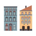 Beautiful detailed cartoon cityscape collection with townhouses. Small town street victorian building facades. Template Royalty Free Stock Photo