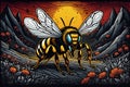 beautiful detailed colored linocut art style of a giant bee standing flying on beautiful mountain landscape Royalty Free Stock Photo