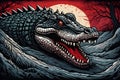 beautiful detailed colored linocut art style of a giant crocodile head pop out of water and angry staring at you Royalty Free Stock Photo