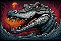 beautiful detailed colored linocut art style of a giant crocodile head pop out of water and angry staring at you