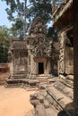 Beautiful, detailed murals on ancient temple ruins, religon symbols in angkor wat on red brown sand, trees in background Royalty Free Stock Photo