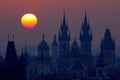 Beautiful detailed sunrise view of Prague church towers. Early morning colours with old town. Twilight in historical city. Magica