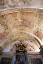 Beautiful details of the chapel of Porto Cathedral. Colourful paintings on the celling