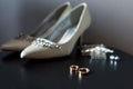 Beautiful details of the wedding day - shoes and accessories. Royalty Free Stock Photo