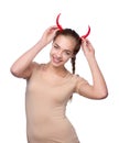 Beautiful devil girl with hot chili pepper Royalty Free Stock Photo
