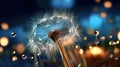 Beautiful dew drops on a dandelion seed macro, Beautiful blue background Royalty Free Stock Photo