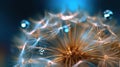 Beautiful dew drops on a dandelion seed macro, Beautiful blue background Royalty Free Stock Photo