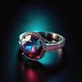 Beautiful Diamond Ring In Red Purple Fire On Black Background. Generative AI