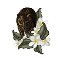 Beautiful digital card with tropical leaves, plumeria flowers and animal leopard.