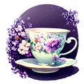 Beautiful digital matte painting of tea cup and whimsical botanical illustration. Generative AI