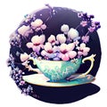 Beautiful digital matte painting of tea cup and whimsical botanical illustration. Generative AI