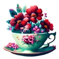 Beautiful digital matte painting of tea cup and whimsical botanical illustration. Generative AI