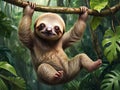 beautiful digital painting of a baby sloth hanging from a tree with a lush green rainforest background in a photorealistic style-