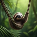 beautiful digital painting of a baby sloth hanging from a tree with a lush green rainforest background in a photorealistic style-