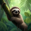 beautiful digital painting of a baby sloth hanging from a tree with a lush green rainforest background in a photorealistic style-