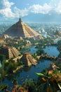 A beautiful digital painting of a vast and ancient Mesoamerican city, with towering pyramids, temples, and plazas. The city is
