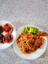 Beautiful dinner pasta with pepper and avocado