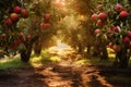 A beautiful dirt road winding through a dense forest with an enchanting natural ambiance, A sunlit path through an organic apple