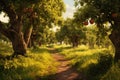 A beautiful dirt road winds its way through a serene landscape of trees and grass, A sunlit path through an organic apple orchard