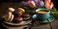 A beautiful display of coffee, macaroons, and tulips on a plate, Generative AI