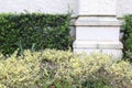 Sandstone Cement Pillar with Green Hedge Plants Background