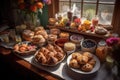 a beautiful display of homemade pastries, fruits, and other ingredients