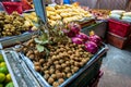 Beautiful display of tropical and exotic fruits at a local market in Thailand Royalty Free Stock Photo