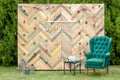 Beautiful display wall for a wedding featuring a chevron pattern made with reclaimed wood as a wonderful photo backdrop. Royalty Free Stock Photo