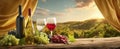 The beautiful display of wine and grapes against a stunning vineyard backdrop. AI generated image Royalty Free Stock Photo